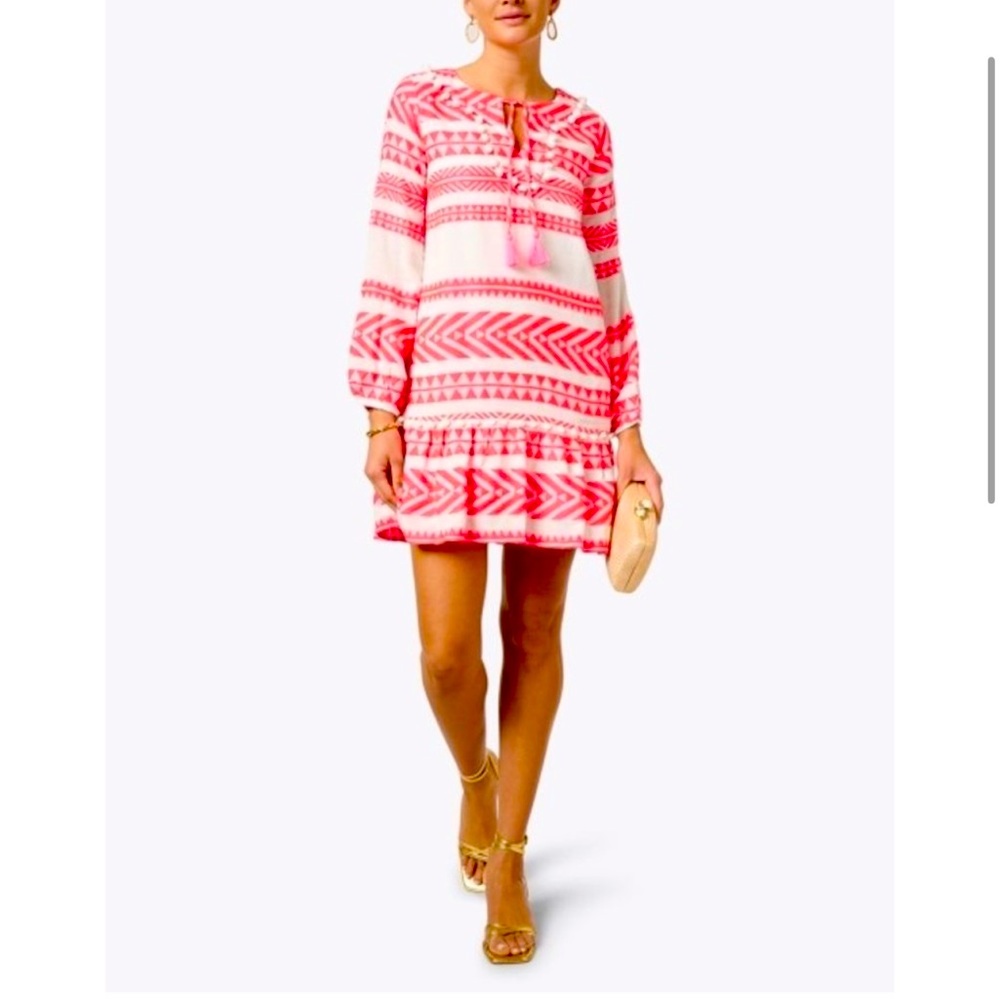 SAIL TO SABLE STRIPE LONG SLEEVE RUFFLE HEM DRESS - WHITE/PINK - Picture 3 of 12